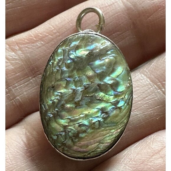 VTG Pendant Charm 1" Natural Abalone Shell Cab Oval 925 Sterling Silver 3.3g - Picture 2 of 5
